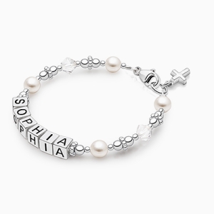 Beautiful Bracelet for First Holy Communion with Pearls and Diamonds for Girls with Letterblocks for Name Personaliztion