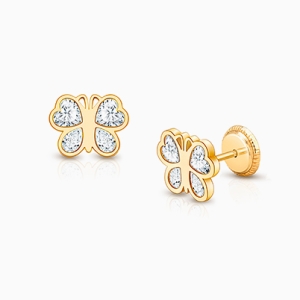 Lovely Butterfly, Clear CZ Teen&#039;s Earrings, Screw Back - 14K Gold