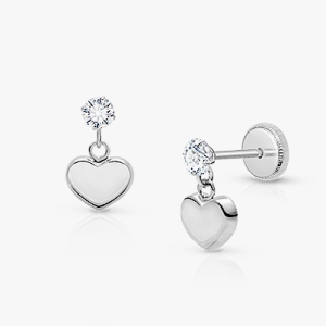 Modern Heart Dangle, Clear CZ Teen's Earrings, Screw Back - 14K White Gold