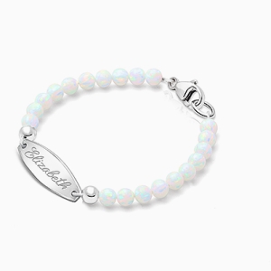 4mm Opals, Lab Created White Opal Baby/Children&#039;s Engraved Bracelet for Girls - Sterling Silver