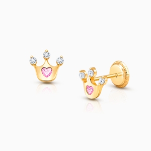 Princess at Heart, Pink/Clear CZ First Holy Communion Children&#039;s Earrings, Screw Back - 14K Gold