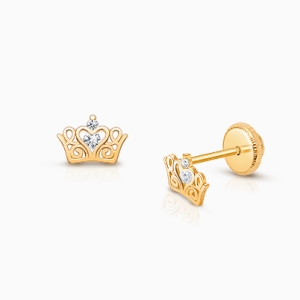 Tiny Tiara, Clear CZ Crown Baby/Children's Earrings, Screw Back - 14K Gold