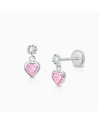 Fearless Heart Dangle, Pink/Clear CZ Baby/Children's Earrings, Screw Back - 14K White Gold