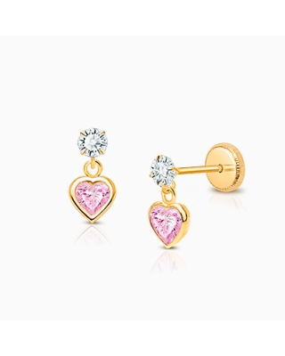 Fearless Heart Dangle, Pink/Clear CZ Teen's Earrings, Screw Back - 14K Gold