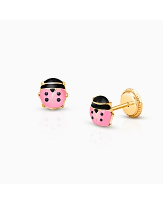 Lil&#039; Ladybug, Pink Enamel, Baby/Children&#039;s Earrings, Screw Back - 14K Gold