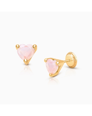 Gia™ Simple Heart Studs, 5mm Pink Opal CZ Teen&#039;s Earrings, Screw Back - 14K Gold