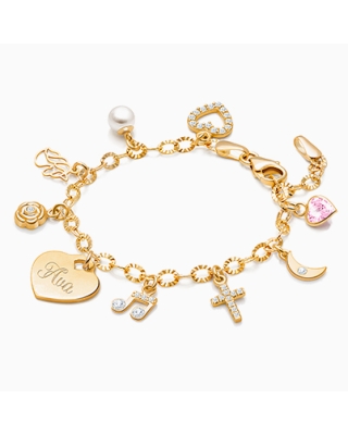 14K Gold Charm Bracelet, Design Your Own Baby/Children’s Link Chain Bracelet for Girls (INCLUDES Engraved Heart) - 14K Gold