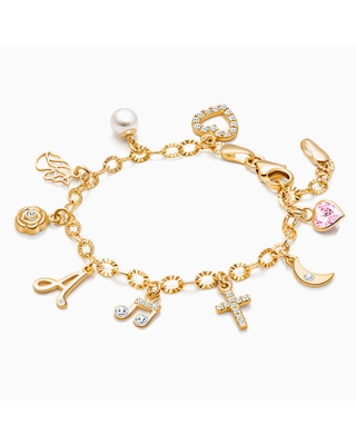 14K Gold Charm Bracelet, Design Your Own Christening/Baptism Baby/Children’s Link Chain Bracelet for Girls (INCLUDES Diamond Initial &amp; Religious Charm) - 14K Gold
