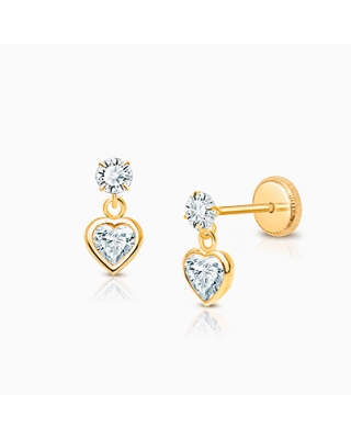Fearless Heart Dangle, Clear CZ Baby/Children&#039;s Earrings, Screw Back - 14K Gold