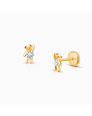 Teddy Bear Bliss, Clear CZ Baby/Children&#039;s Earrings, Screw Back - 14K Gold