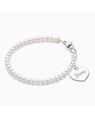 3mm Cultured Pearls, Baby/Children's Beaded Bracelet for Girls (INCLUDES Engraved Charm) - Sterling Silver