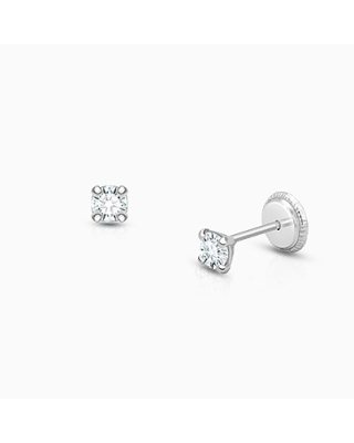 3mm CZ Round Studs, Baby/Children's Earrings, Screw Back - 14K White Gold