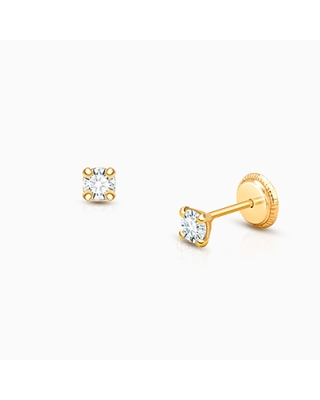3mm CZ Round Studs, Baby/Children&#039;s Earrings, Screw Back - 14K Gold