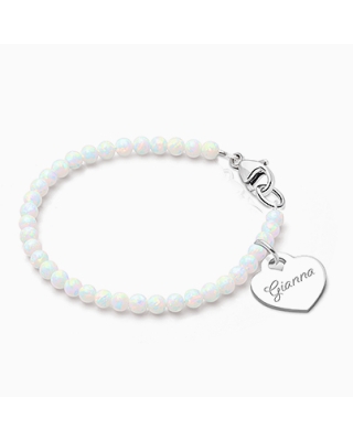 3mm Opals, Lab Created White Opal Baby/Children's Beaded Bracelet for Girls (INCLUDES Engraved Charm) - Sterling Silver