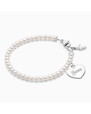 Sterling Silver Pearl Bracelet with Engravable Heart for Girls Christening