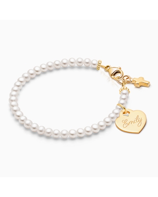 Solid 14K Gold Pearl Bracelet with Engravable Heart for Girls Baptism