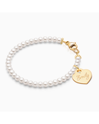 3mm Cultured Pearls, Baby/Children's Beaded Bracelet for Girls (INCLUDES Engraved Charm) - 14K Gold