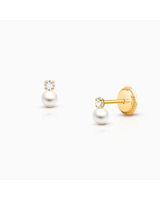 3mm Pearl Drop, Clear CZ Baby/Children's Earrings, Screw Back - 14K Gold