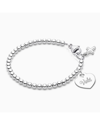 Silver Beaded Bracelet with Personalized Engraving for Girls