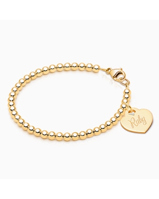 3mm Tiny Blessings Beads, Baby/Children&#039;s Beaded Bracelet for Girls (INCLUDES Engraved Charm) - 14K Gold