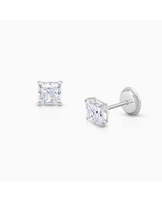 Princess Cut Studs, 4mm Clear CZ Studs, Teen's Earrings, Screw Back - 14K White Gold