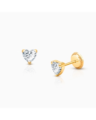 Heart Studs, 4mm Clear CZ Baby/Children’s Earrings, Screw Back - 14K Gold