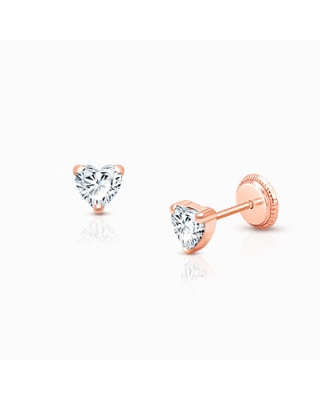 Heart Studs, 4mm Clear CZ First Holy Communion Children’s Earrings, Screw Back - 14K Rose Gold