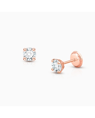 4mm CZ Round Studs, Baby/Children's Earrings, Screw Back - 14K Rose Gold