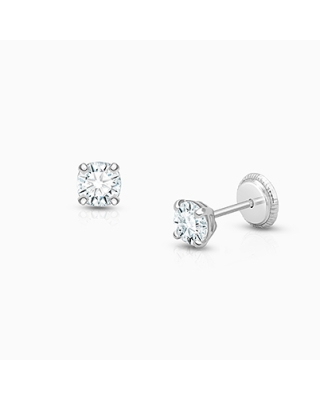4mm CZ Round Studs, Baby/Children's Earrings, Screw Back - 14K White Gold