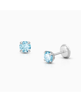 March Birthstone Studs, 4mm Swarovski® Crystal Baby/Children's Earrings, Screw Back - 14K White Gold