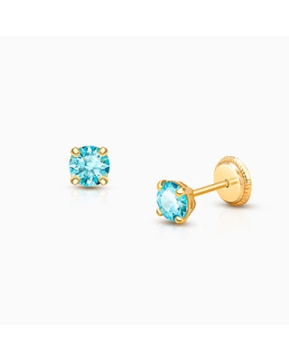 March Birthstone Studs, 4mm Swarovski® Crystal Teen&#039;s Earrings, Screw Back - 14K Gold