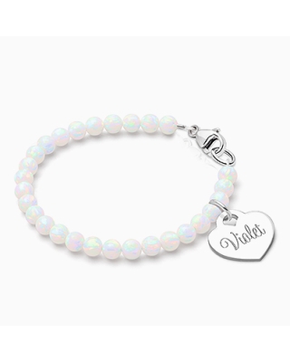 4mm Opals, Lab Created White Opal Baby/Children's Beaded Bracelet for Girls (INCLUDES Engraved Charm) - Sterling Silver