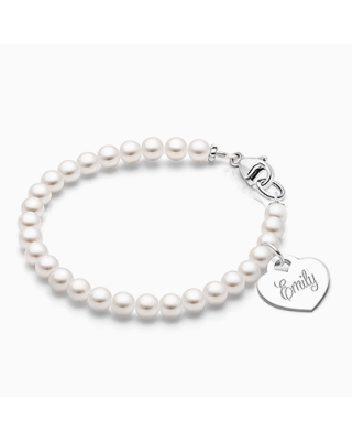 4mm Cultured Pearls, Baby/Children&#039;s Beaded Bracelet for Girls (INCLUDES Engraved Charm) - Sterling Silver