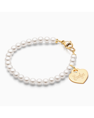 4mm Cultured Pearls, Baby/Children&#039;s Beaded Bracelet for Girls (INCLUDES Engraved Charm) - 14K Gold