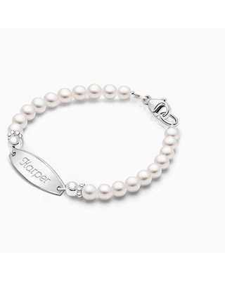 4mm Cultured Pearls, Baby/Children&#039;s Engraved Bracelet for Girls - Sterling Silver