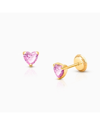 Heart Studs, 4mm Pink CZ Baby/Children’s Earrings, Screw Back - 14K Gold