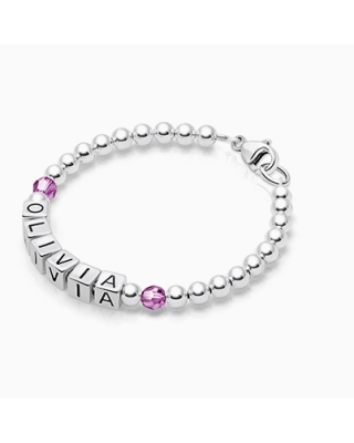 Tiny Blessings Birthstone, Baby/Children&#039;s Name Bracelet for Girls - Sterling Silver