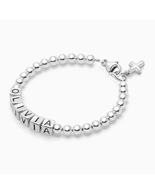 4mm Tiny Blessings Beads, First Holy Communion Name Bracelet for Girls - Sterling Silver