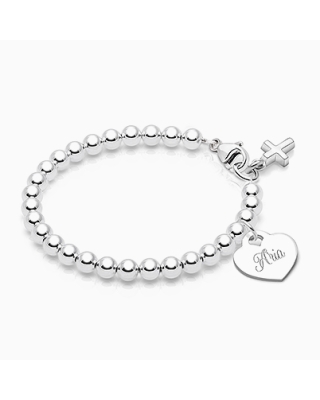 4mm Tiny Blessings Beads, First Holy Communion Beaded Bracelet for Girls (INCLUDES Engraved Charm) - Sterling Silver