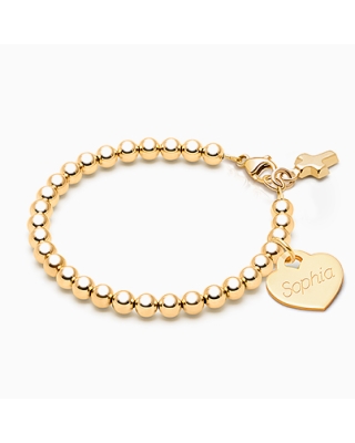 4mm Tiny Blessings Beads, First Holy Communion Beaded Bracelet for Girls (Includes Engraved Charm) - 14K Gold