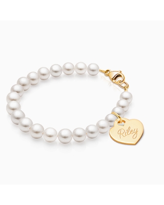 5mm Cultured Pearls, Baby/Children&#039;s Beaded Bracelet for Girls (INCLUDES Engraved Charm) - 14K Gold