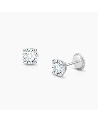 5mm CZ Round Studs, Baby/Children's Earrings, Screw Back - 14K White Gold