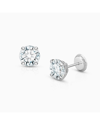 6mm CZ Round Studs, Teen's Earrings, Screw Back - 14K White Gold