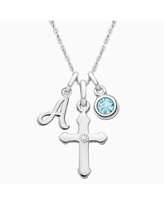 A Child's Faith, Children's Personalized Necklace Set for Girls (Includes Cross, Initial, and Birthstone Charms) - Sterling Silver