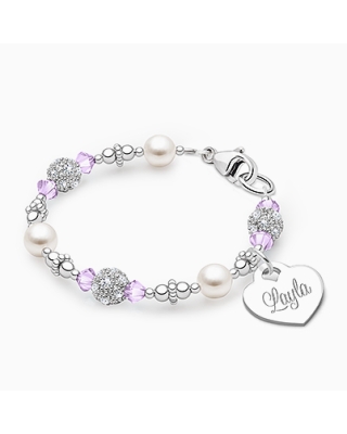 Birthstone, Baby/Children's Beaded Bracelet for Girls (INCLUDES Engraved Charm, All 12 Birthstones Avail) - Sterling Silver