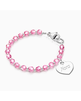 Birthstone Crystal, Baby/Children’s Beaded Bracelet for Girls (INCLUDES Engraved Charm, All 12 Birthstones Avail) - Sterling Silver