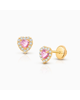 Blissful Heart, Pink/Clear CZ Baby/Children&#039;s Earrings, Screw Back - 14K Gold