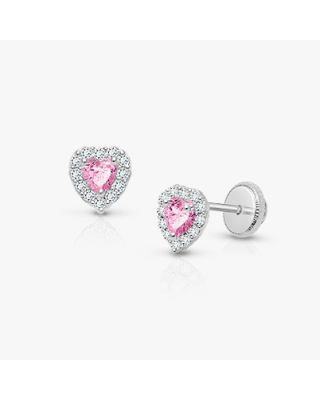 Blissful Heart, Pink/Clear CZ Baby/Children&#039;s Earrings, Screw Back - 14K White Gold