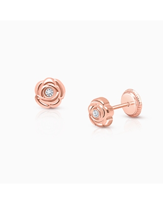 Blushing Rose, Clear CZ Studs Teen&#039;s Earrings, Screw Back - 14K Rose Gold