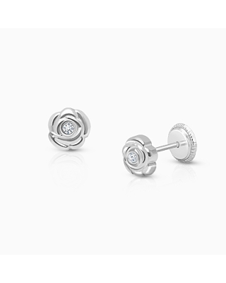 Blushing Rose, Clear CZ Studs Teen&#039;s Earrings, Screw Back - 14K White Gold